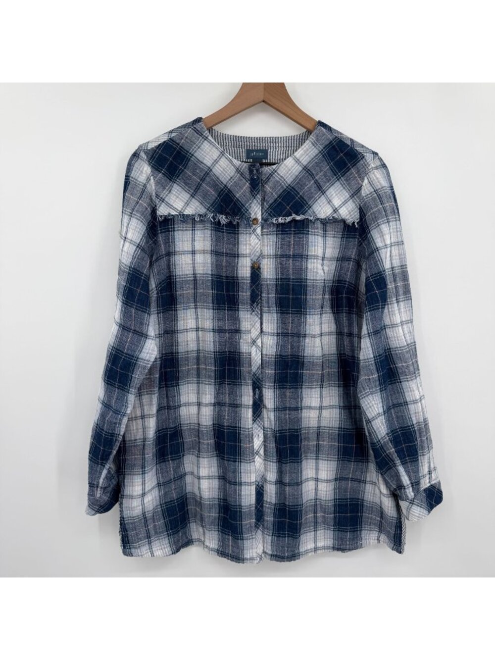 J.Jill Plaid Denim Gauze Fringed Tunic Shirt Woman’s Large Blue White Button Up
